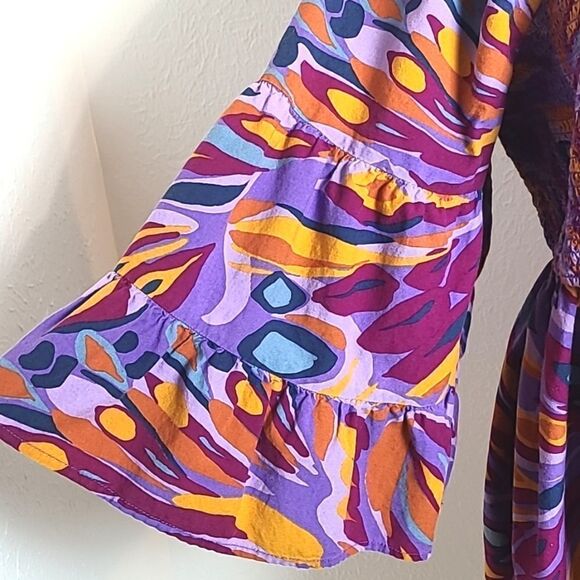 Terra & Sky Colorful Top Purple Orange Print Shirred Elastic, Size 1X, 16W-18W - Picture 5 of 9